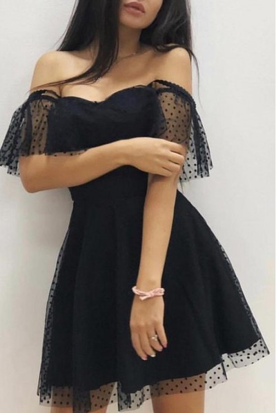 Sexy A-Line Off the Shoulder Black Tulle Short Prom Dresses,Little Black Dresses