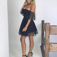Sexy A-Line Off the Shoulder Black Tulle Short Prom Dresses,Little Black Dresses - Thumbnail 1