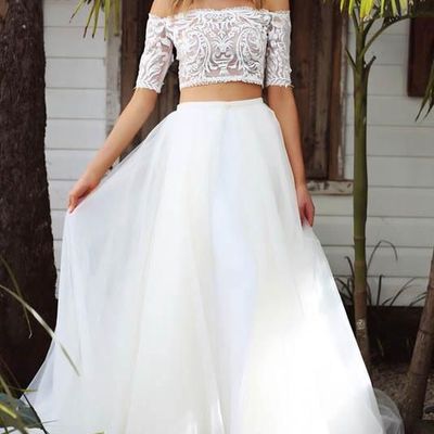 Unique two piece off the shoulder white tulle wedding dresses,white lace top - Thumbnail 4