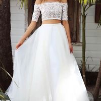 Unique Two Piece Off the Shoulder White Tulle Wedding Dresses,White Lace Top - Thumbnail 1