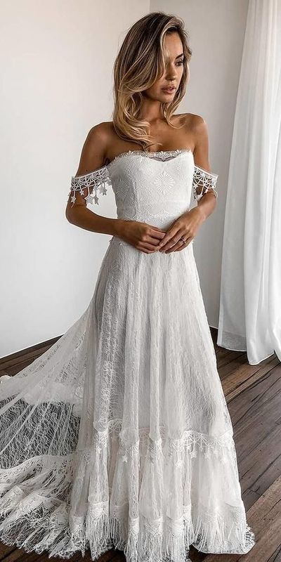 Charming A-Line Strapless White Lace Beach Wedding Dresses