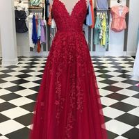 Princess Style V-neck Floor-Length With Applique Tulle Dresses,Graduation Dresses - Thumbnail 1