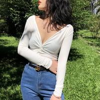 Retro V-neck Knot Long Sleeve T-shirt - Thumbnail 2