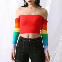 Off Shoulder Rainbow Stripe Sleeve Top - Thumbnail 1