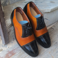 New Handmade Men Cap Toe Brogue Tan & Black Leather Dress Formal Lace Up Shoes - Thumbnail 1