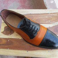 New Handmade Men Cap Toe Brogue Tan & Black Leather Dress Formal Lace Up Shoes - Thumbnail 2