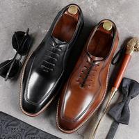 Handmade Men Square Toe Brown & Black Leather Dress Formal Slip On Shoes - Thumbnail 1