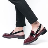 Handmade Men Burgundy & Black Open Strap Calf Leather Dress Penny Open Loafers - Thumbnail 1