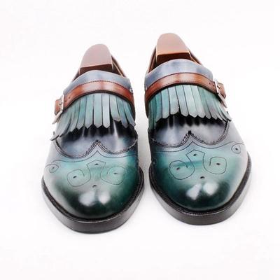 Handmade Men Wing Tip Single Monk Strap Fringe Green Leather Dress Shoes
