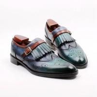 Handmade Men Wing Tip Single Monk Strap Fringe Green Leather Dress Shoes - Thumbnail 1