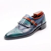 Handmade Men Wing Tip Single Monk Strap Fringe Green Leather Dress Shoes - Thumbnail 2