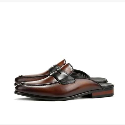 Handmade men burgundy & black leather dress formal slip on penny open loafers