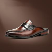 Handmade Men Burgundy & Black Leather Dress Formal Slip On Penny Open Loafers - Thumbnail 1