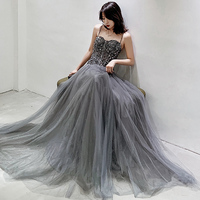 Gray sweetheart neck tulle beads long prom dress, evening dress - Thumbnail 1