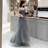 Gray sweetheart neck tulle beads long prom dress, evening dress - Thumbnail 2