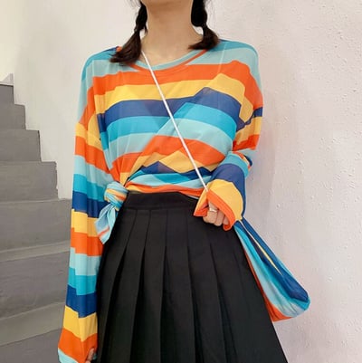 Color Block Stripe Mesh T-shirt