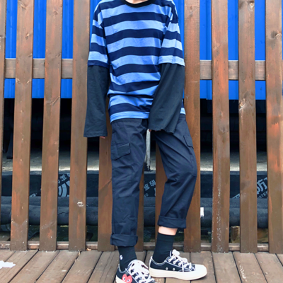 Free shipping-blue stripes fake layered long sleeve tee - Thumbnail 4