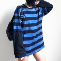 Free Shipping-BLUE STRIPES FAKE LAYERED LONG SLEEVE TEE - Thumbnail 1