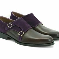 Men's Handmade Double Monk Strap Suede & Leather Shoes, Men's Black & Navy Shoes - Thumbnail 1