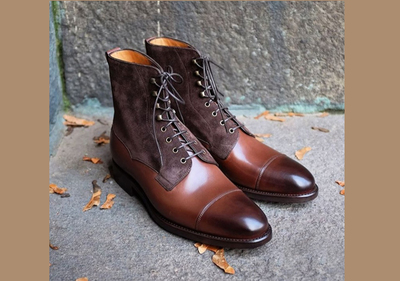 Men's Handmade Brown Cap Toe Ankle High Boots, Men Leather & Suede Lace Up Boots
