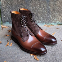 Men's Handmade Brown Cap Toe Ankle High Boots, Men Leather & Suede Lace Up Boots - Thumbnail 1