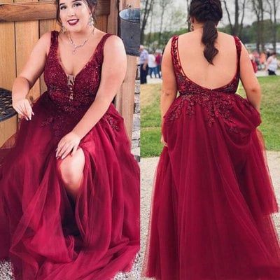 Plus size v neck dark red prom dresses with appliques lace - Thumbnail 5