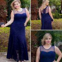 Plus Size Lace Sheer Neck Long Mother of the Bride Dresses - Thumbnail 1