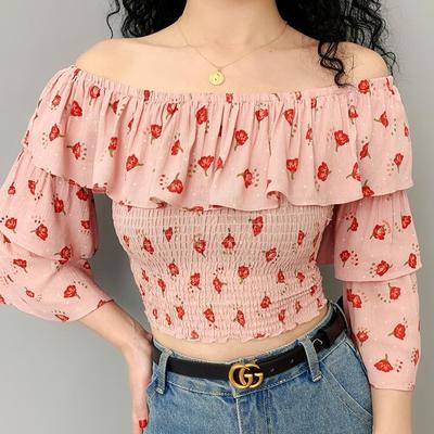 Vintage off shoulder floral flower printed flounce top