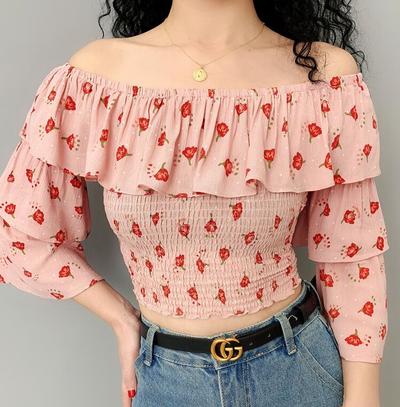 Vintage Off Shoulder Floral Flower Printed Flounce Top