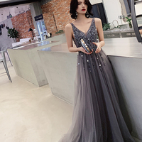 Dark gray v neck tulle long prom dress, evening dress - Thumbnail 1