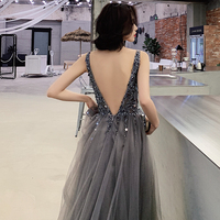 Dark gray v neck tulle long prom dress, evening dress - Thumbnail 3