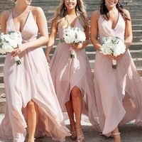 Simple A-Line Deep V Neck Halter Open Back Light Pink Chiffon High Low Bridesmaid Dresses Under 100 - Thumbnail 1