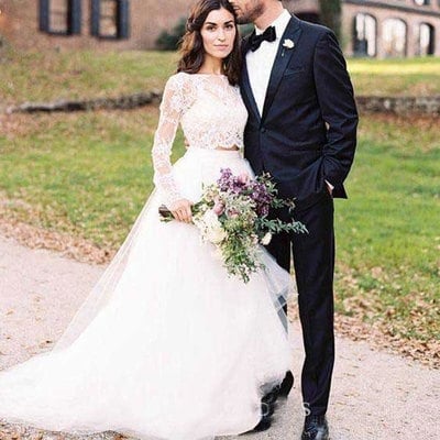 Two piece long sleeves wedding dresses with lace appliques - Thumbnail 4