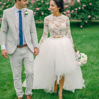 Two Piece Hi Low Tulle Wedding Dresses Bridal Gowns with Lace Appliques - Thumbnail 1