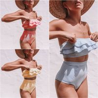  Womens Sexy Stripe Two Pieces Swimsuits Off Shoulder Ruffle Bathing Suit Padded Swimwear High Waisted Bikini Set - Thumbnail 2