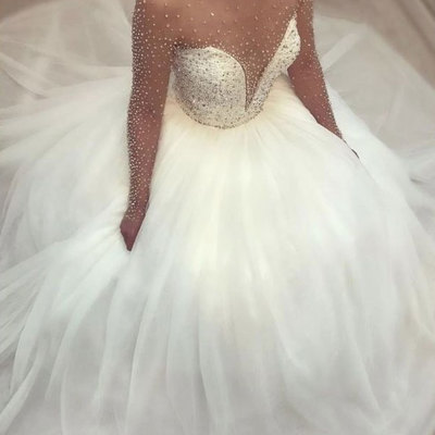 Long sleeves wedding dresses tulle bridal gowns with pearls - Thumbnail 5