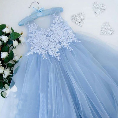 Empire sky blue tulle flower girl dresses with appliques - Thumbnail 4
