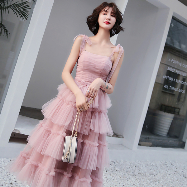 Pink tulle short prom dress, pink evening dress