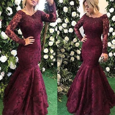 V neck mermaid mother of the bride dresses with long sleeves - Thumbnail 4