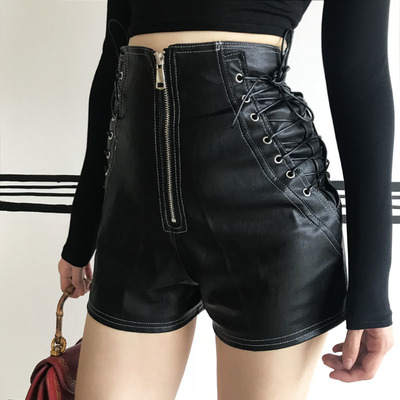 Side Lace up Black PU Leather Shorts