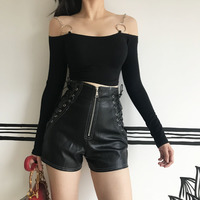 Side Lace up Black PU Leather Shorts - Thumbnail 2