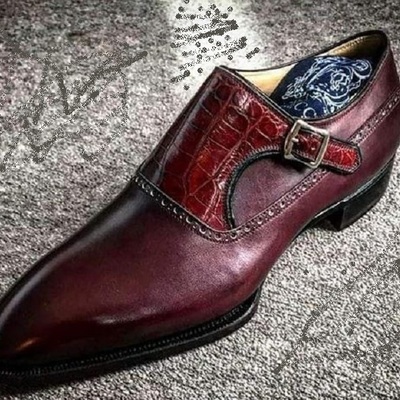 Men's handmade burgundy alligator leather monk strap shoes, men dress buckle formal shoes