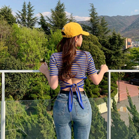 Back Hollow Out Lace up Color Block Stripe Tee - Thumbnail 4