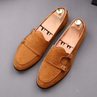 Men's Handmade Brown Suede Loafers, Men Dress Slip On Double Monk Strap Shoes - Thumbnail 1