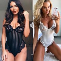 Sexy V Neck Lace Bodysuit in Black and White - Thumbnail 2