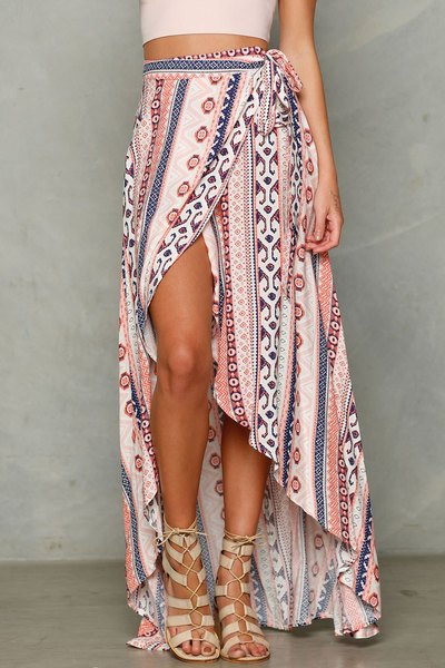 High Waist Printed Long Boho Skirt