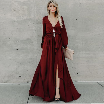 V-neck long sleeve belted chiffon maxi dress 