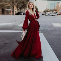 V-neck Long Sleeve Belted Chiffon Maxi Dress  - Thumbnail 1