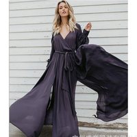 V-neck Long Sleeve Belted Chiffon Maxi Dress  - Thumbnail 3