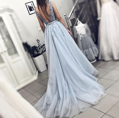 V Neck V Back Long Prom Dresses with Appliques
